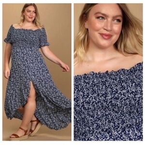Lulus Fleur-tation Navy Blue Floral Print Off-the-Shoulder Midi Dress